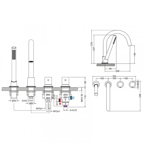 Смеситель на борт ванны Timo Saona 2330/00Y с термостатом Хром латунь