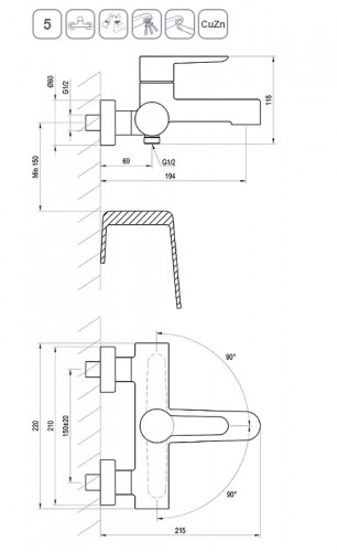 Смеситель для ванны Ravak Puri PU 022.20/150 X070185 Черный матовый латунь на стену
