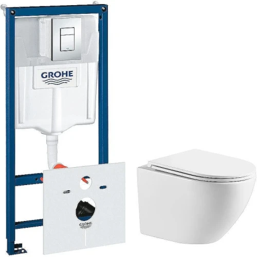 Унитаз с инсталляцией WellWant Aura WWU01121WK + Grohe Rapid SL 38775001 с сиденьем Микролифт и клавишей смыва Хром