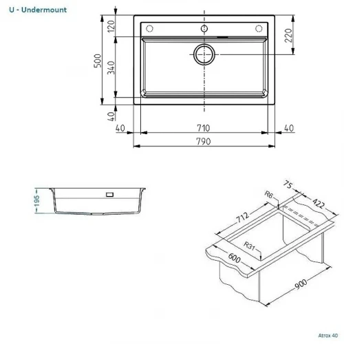 Кухонная мойка Alveus Granital Atrox 40 Terra G22 790x500 1140444 Песчаная искусственный камень (литьевой мрамор) встраиваемая сверху, встраиваемая снизу