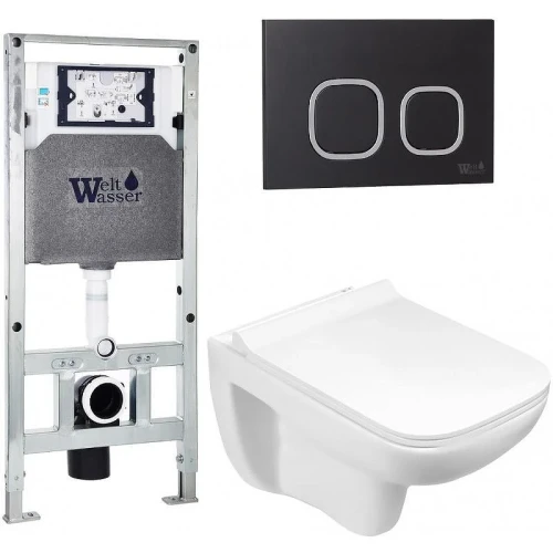 Комплект унитаза с инсталляцией WeltWasser AMBERG 506 ST + KEHLBACH 004 GL-WT + AMBERG RD-BL 10000006892 цвет Белый глянцевый с сиденьем Микролифт и клавишей смыва цвет Черный