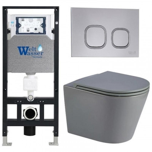 Комплект унитаза с инсталляцией WeltWasser AMBERG 506 + SALZBACH 043 MT-GR + AMBERG RD-CR 10000011578 цвет Серый матовый с сиденьем Микролифт и клавишей смыва цвет Хром