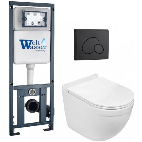 Комплект унитаза с инсталляцией WeltWasser MARBERG 410 + HEIMBACH 043 GL-WT + MAR 410 RD MT-BL 10000012158 цвет Белый глянцевый с сиденьем Микролифт и клавишей смыва цвет Черный матовый