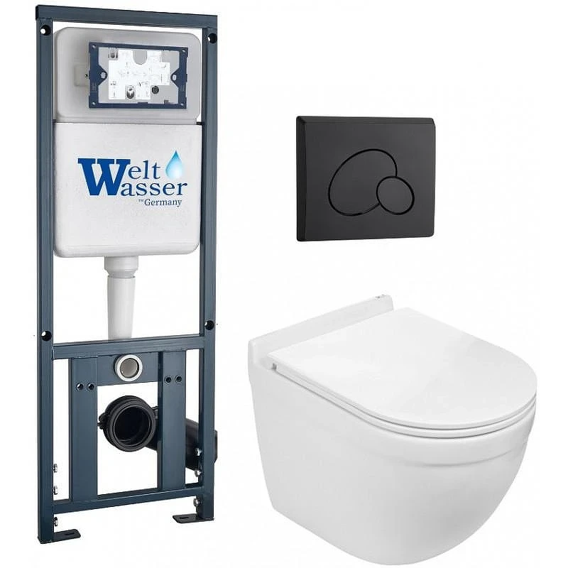 Комплект унитаза с инсталляцией WeltWasser MARBERG 410 + HEIMBACH 043 GL-WT + MAR 410 RD MT-BL 10000012158 цвет Белый глянцевый с сиденьем Микролифт и клавишей смыва цвет Черный матовый