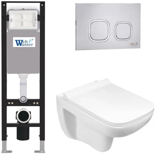 Комплект унитаза с инсталляцией WeltWasser AMBERG 350 + KEHLBACH 004 GL-WT + AMBERG RD-MT CR 10000012351 цвет Белый глянцевый с сиденьем Микролифт и клавишей смыва цвет Хром матовый