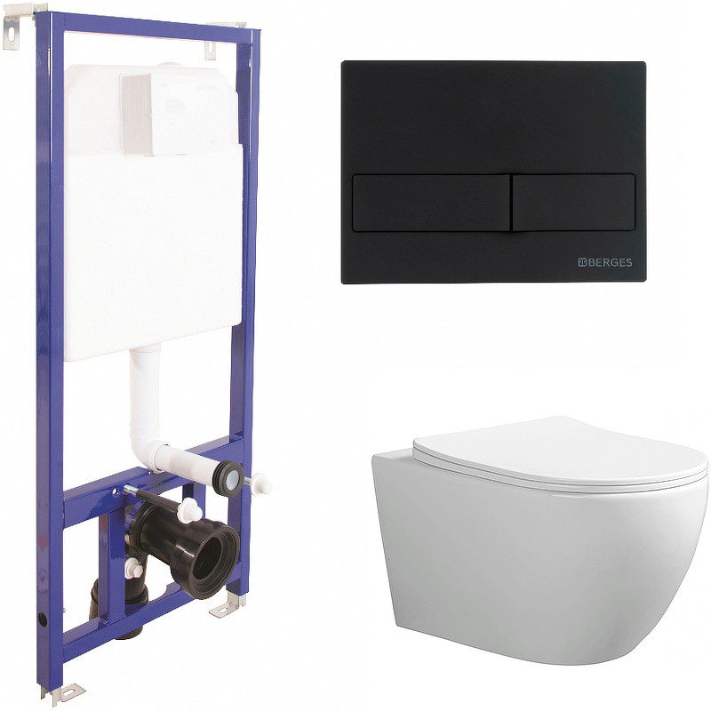 Комплект унитаза Ceruttispa Orlter Aria Tornado CT9955 с инсталляцией Berges Novum L5 040215 с сиденьем Микролифт и Черной матовой клавишей смыва фарфор подвесной