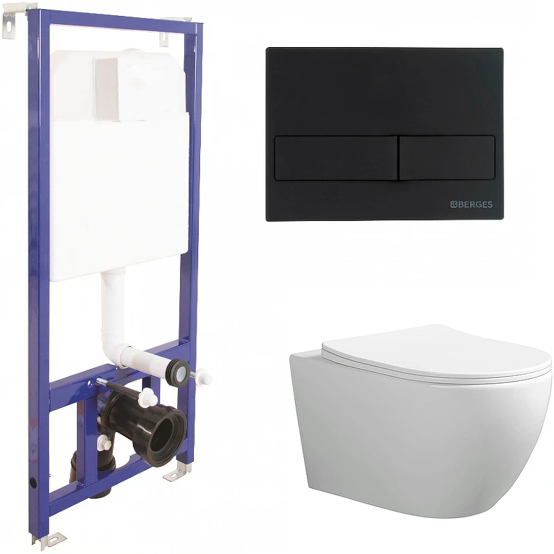 Комплект унитаза Ceruttispa Orlter Aria Tornado CT9955 с инсталляцией Berges Novum L5 040215 с сиденьем Микролифт и Черной матовой клавишей смыва фарфор подвесной