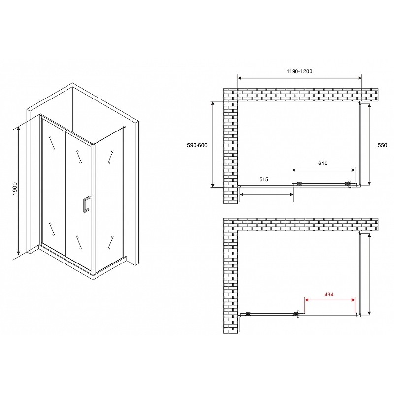 Душевой уголок Abber Schwarzer Diamant 120x60 AG30120B5-S60B5 профиль Черный стекло прозрачное