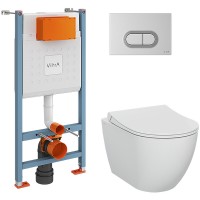 Комплект унитаза с инсталляцией Vitra Mia Round SmoothFlush 9856B003-7200 с сиденьем Микролифт и клавишей смыва Хром матовый фарфор подвесной