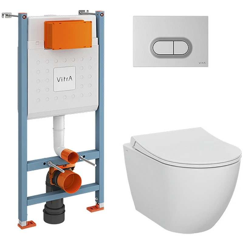 Комплект унитаза с инсталляцией Vitra Mia Round SmoothFlush 9856B003-7200 с сиденьем Микролифт и клавишей смыва Хром матовый фарфор подвесной
