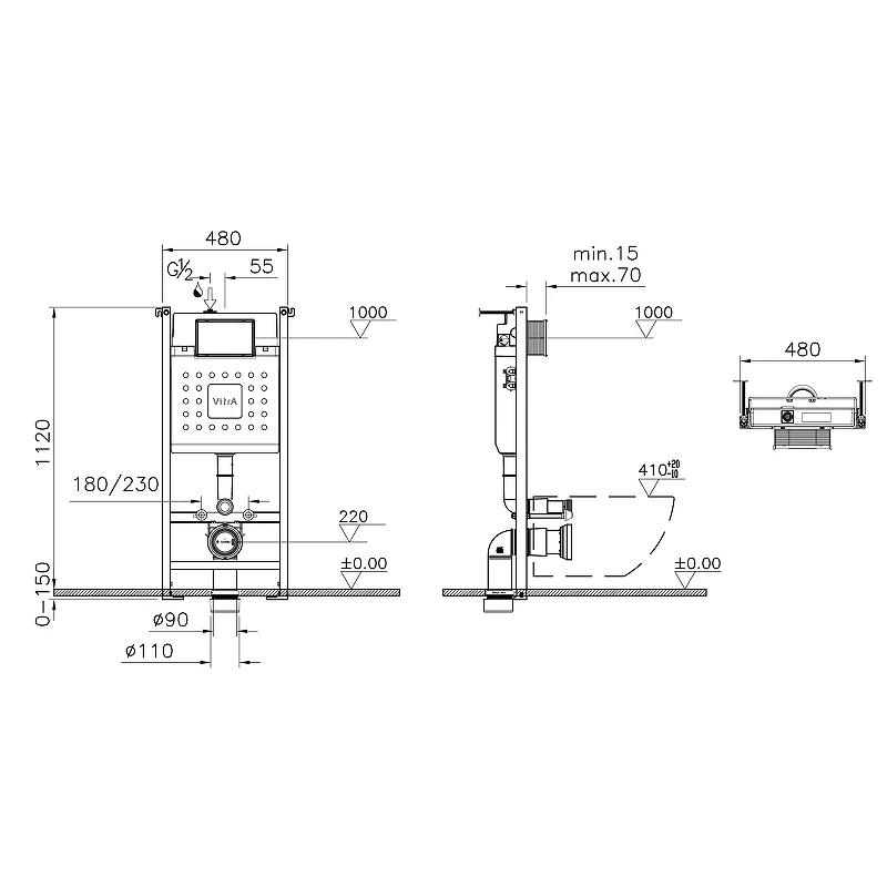Комплект унитаза с инсталляцией Vitra Mia Round SmoothFlush 9856B003-7200 с сиденьем Микролифт и клавишей смыва Хром матовый фарфор подвесной