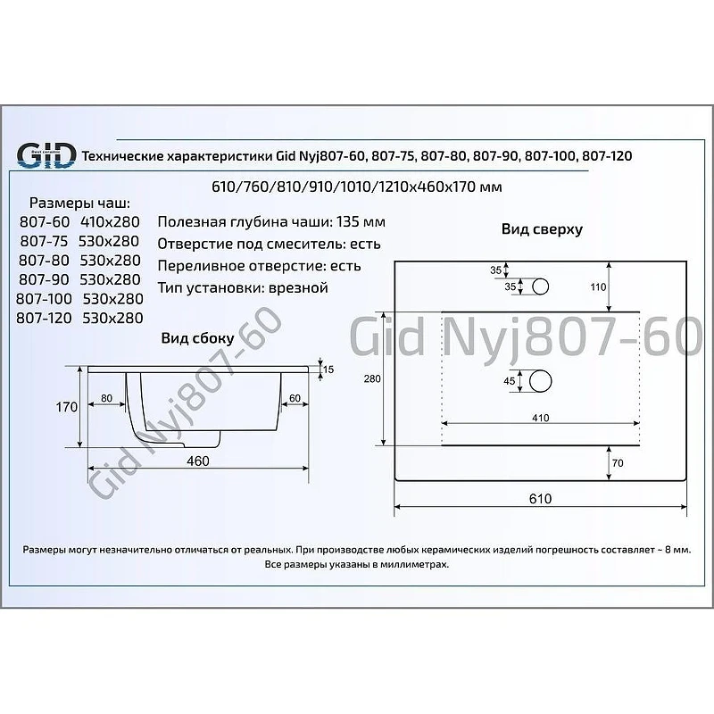 Раковина Gid Integrado 90 NYJ807-90 71117 цвет Белый