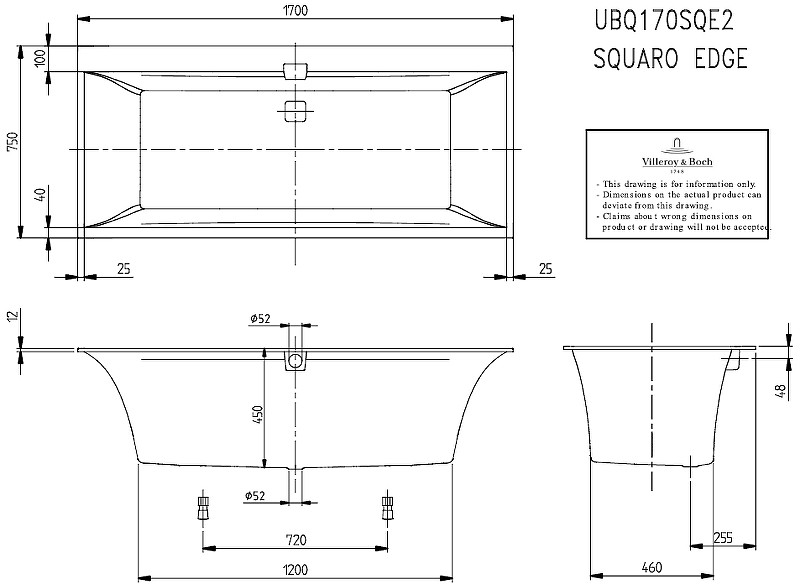 Квариловая ванна Villeroy&Boch Squaro Edge 12 170x75 UBQ170SQE2DV-01 без гидромассажа