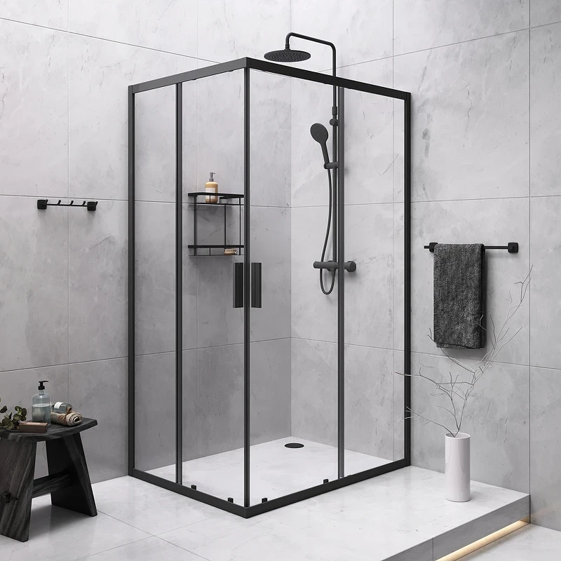 Комплект душевого уголка с душевой системой и аксессуарами AM.PM Gem S 120x90 WK93ES профиль Черный матовый стекло прозрачное