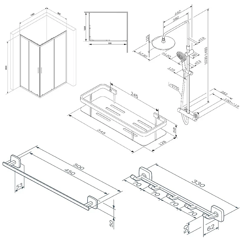 Комплект душевого уголка с душевой системой и аксессуарами AM.PM Gem S 120x90 WK93ES профиль Черный матовый стекло прозрачное
