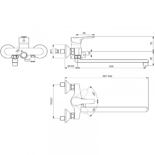 Смеситель для ванны Vidima Meloy BA412AA универсальный Хром латунь на стену