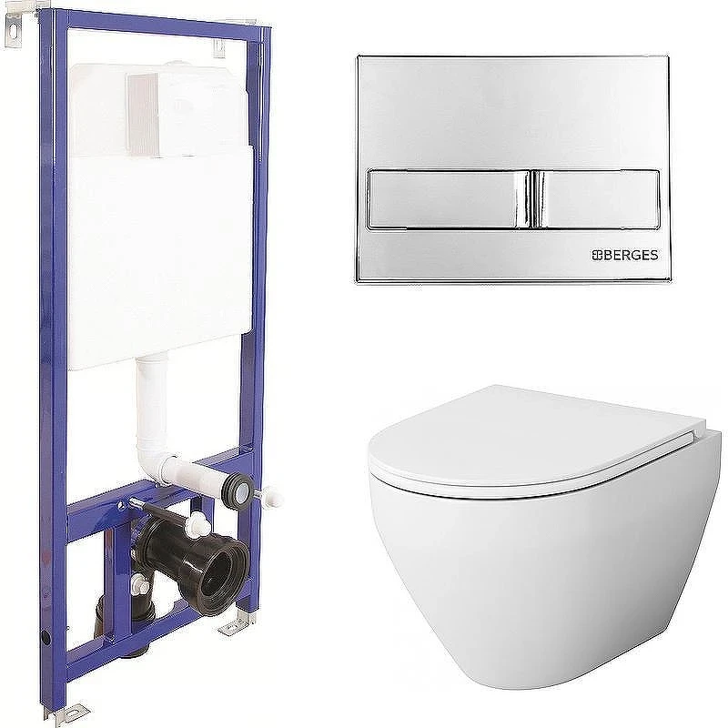 Унитаз с инсталляцией AM.PM Spirit FlashClean C701700WH+C707857WH + Berges Novum L3 040213 с сиденьем Микролифт и клавишей смыва Хром