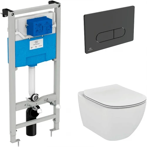 Комплект унитаза с инсталляцией Ideal Standard Tesi Aqua Blade TT00002/115A6 с сиденьем Микролифт и Черной матовой клавишей смыва фарфор подвесной