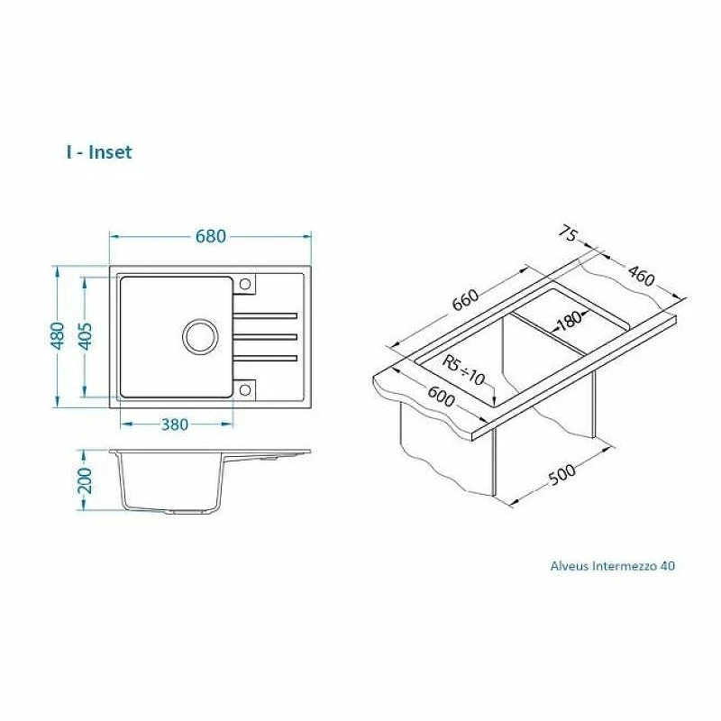 Кухонная мойка Alveus Granital Intermezzo 40 G11 Arctic 680x480x200 1144965 Белая искусственный камень (литьевой мрамор) встраиваемая сверху, встраиваемая снизу