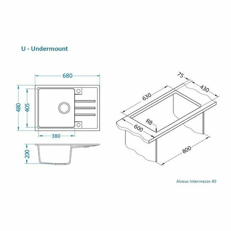 Кухонная мойка Alveus Granital Intermezzo 40 G11 Arctic 680x480x200 1144965 Белая искусственный камень (литьевой мрамор) встраиваемая сверху, встраиваемая снизу