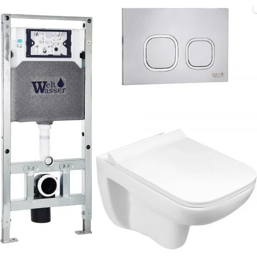 Комплект унитаза с инсталляцией WeltWasser AMBERG 506 ST + KEHLBACH 004 GL-WT + AMBERG RD-MT CR 10000006893 цвет Белый глянцевый с сиденьем Микролифт и клавишей смыва цвет Хром матовый