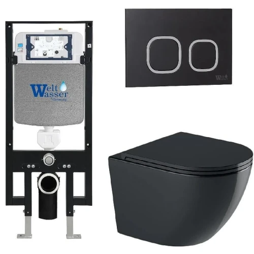 Комплект унитаза с инсталляцией WeltWasser AMBERG 497 + MERZBACH 041 XL MT-BL + AMBERG RD-BL 10000010933 цвет Черный матовый с сиденьем Микролифт и клавишей смыва цвет Черный
