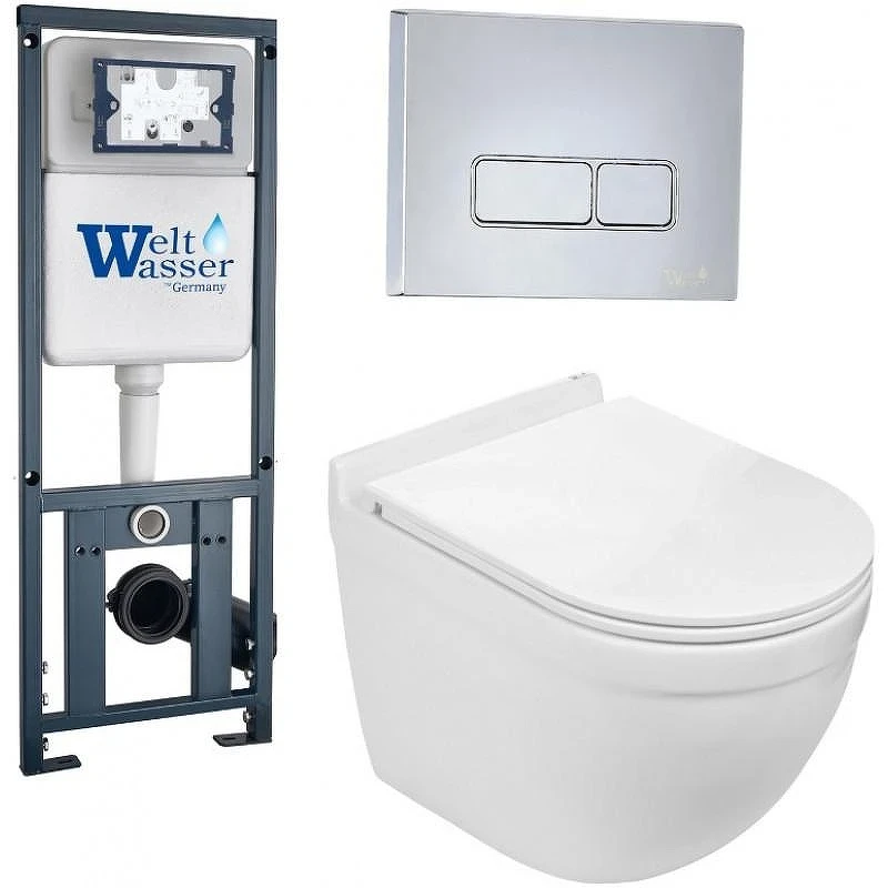 Комплект унитаза с инсталляцией WeltWasser MARBERG 410 + HEIMBACH 043 GL-WT + MAR 410 SE-CR 10000012159 цвет Белый глянцевый с сиденьем Микролифт и клавишей смыва цвет Хром