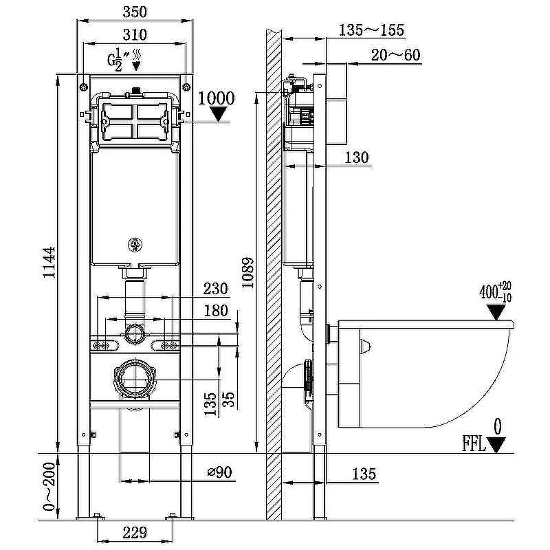 Комплект унитаза с инсталляцией WeltWasser AMBERG 350 + KEHLBACH 004 GL-WT + AMBERG RD-WT 10000012352 цвет Белый глянцевый с сиденьем Микролифт и клавишей смыва цвет Белый