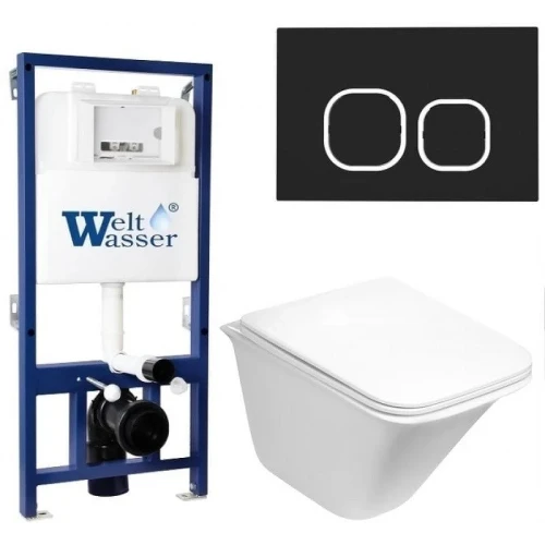 Комплект унитаза с инсталляцией WeltWasser BAMBERG 525 + ROTBACH 004 GL-WT + BAMBERG BL 10000012964 цвет Белый глянцевый с сиденьем Микролифт и клавишей смыва цвет Черный