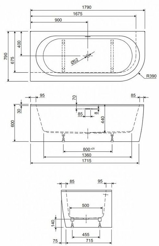 Акриловая ванна Cezares Slim 179x79 L SLIM CORNER-180-80-60-L-W37-SET без гидромассажа
