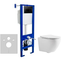 Комплект унитаза CeramaLux 2197 с инсталляцией Berges Atom 410 040332 с сиденьем Микролифт и Черной матовой клавишей смыва фаянс подвесной