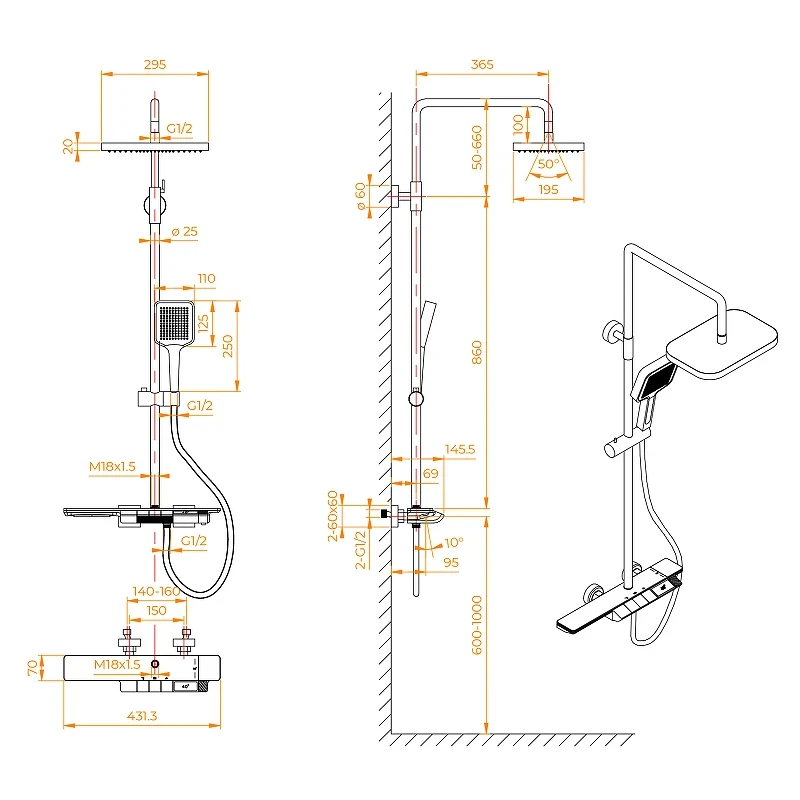 Душевая система RGW Shower Panels SP-34Gr 51140134-11 с термостатом Серая латунь на стену