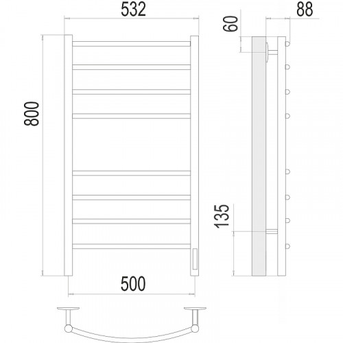 Электрический полотенцесушитель Terminus Классик П8 500х800 КС 9005 4670078527608 Черный матовый нержавеющая сталь