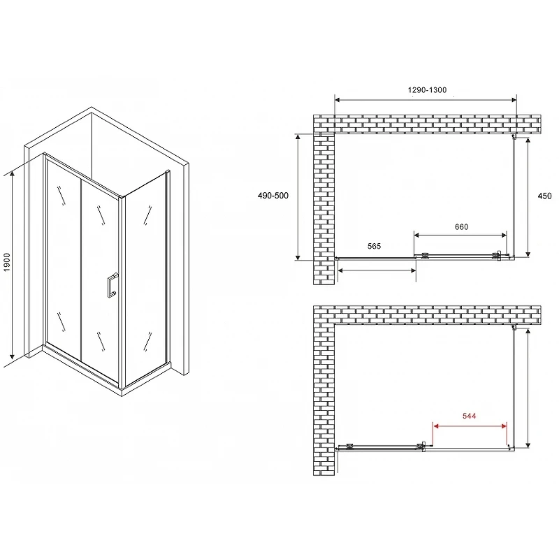 Душевой уголок Abber Schwarzer Diamant 130x50 AG30130B5-S50B5 профиль Черный стекло прозрачное