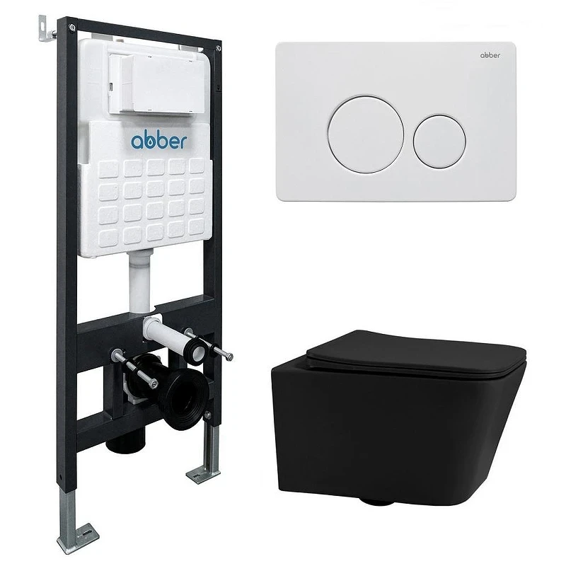 Комплект унитаза Abber Rechteck AC1201MB-AC0105-AC0121MW с сиденьем Микролифт и клавишей смыва цвет Белая матовая
