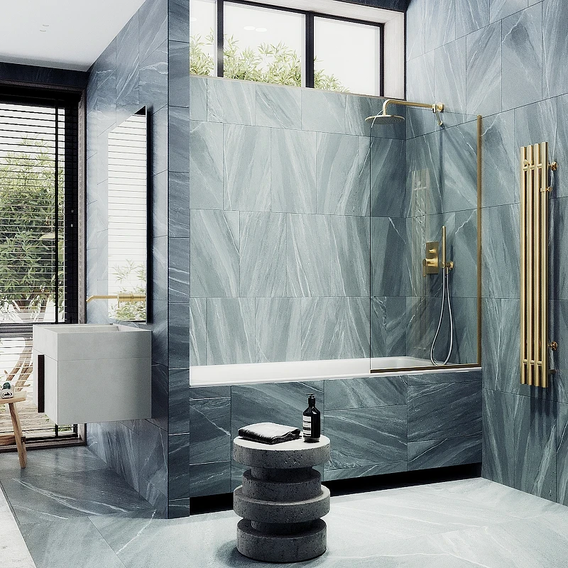 Шторка на ванну Maybah Glass MGV-154-3у 740x1400 в узком профиле Золото стекло прозрачное