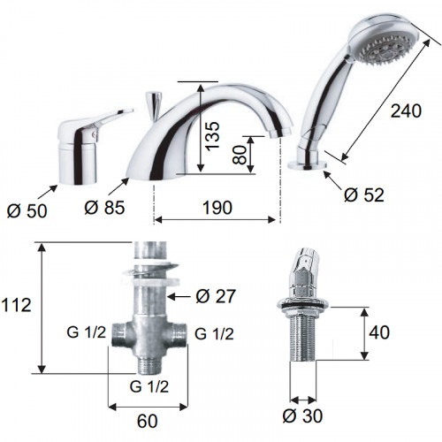 Смеситель на борт ванны Remer Kiss K07 Хром латунь