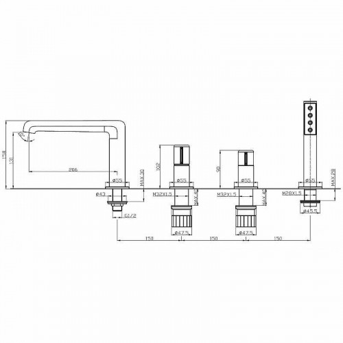 Смеситель на борт ванны BelBagno Uno UNO-BVD4-NERO Черный матовый латунь