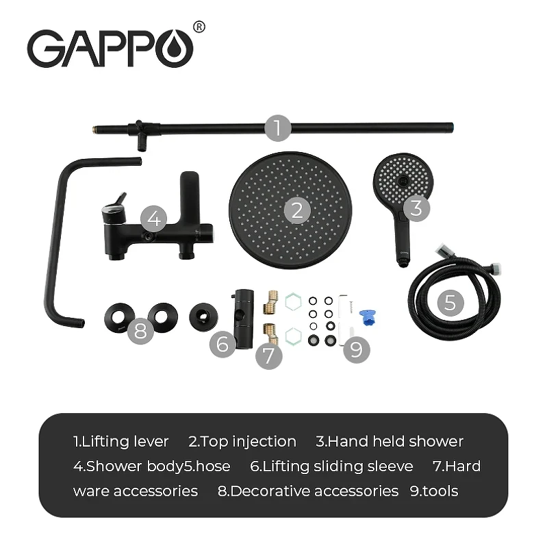 Душевая система Gappo G03-6 G2403-6 Черная матовая Хром латунь на стену