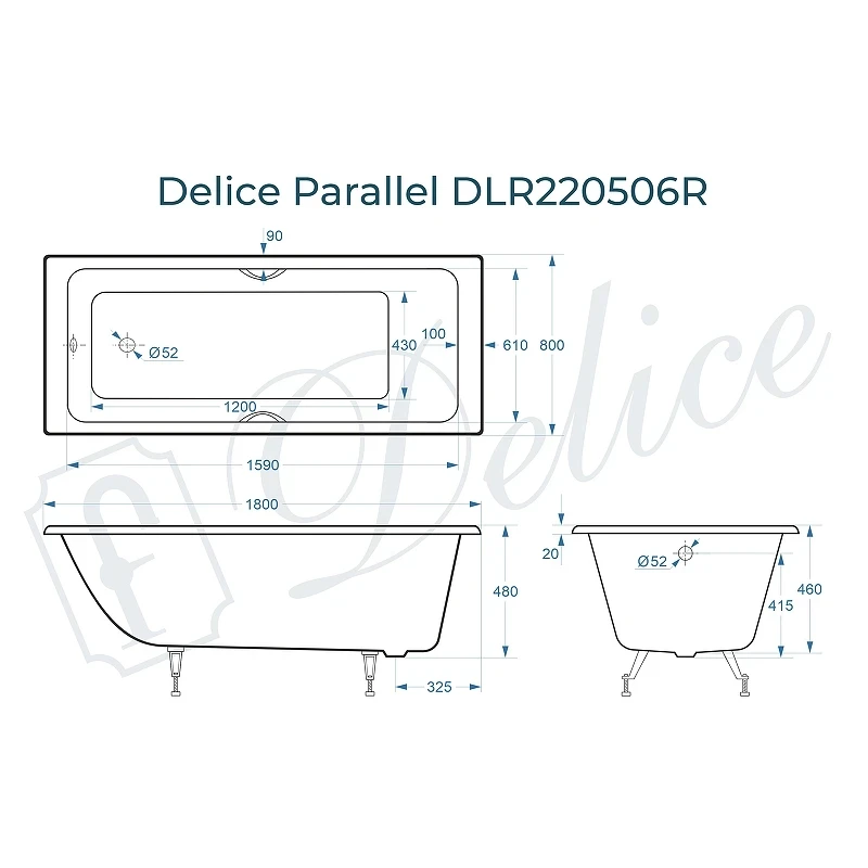 Чугунная ванна Delice Parallel 180x80 DLR220506RB с черными матовыми ручками без антискользящего покрытия