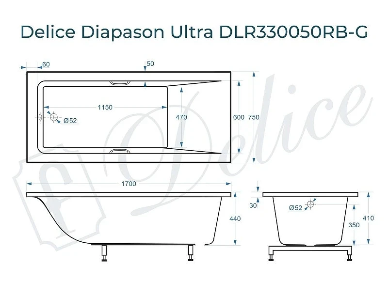 Ванна из искусственного камня Delice Diapason Ultra 170х75 DLR330050RB-G с узким бортом цвет Белый глянцевый с черными ручками