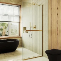 Душевая перегородка Maybah Glass MGD-714-3у 1190х1950 в узком профиле с полотенцедержателем Золото стекло прозрачное
