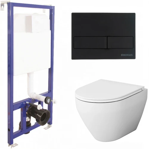 Комплект унитаза AM.PM Spirit FlashClean C701700WH+C707857WH с инсталляцией Berges Novum L5 040215 с сиденьем Микролифт и Черной матовой клавишей смыва фарфор подвесной