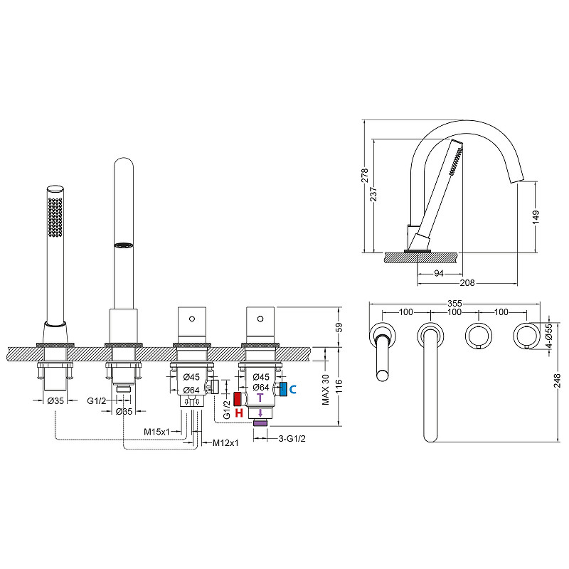 Смеситель на борт ванны Timo Saona 2330/17Y с термостатом Золото матовое латунь