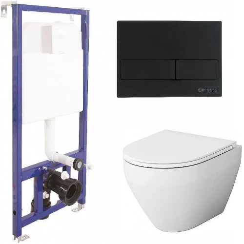 Унитаз с инсталляцией AM.PM Spirit FlashClean C701700WH+C707857WH + Berges Novum L5 040215 с сиденьем Микролифт и Черной матовой клавишей смыва
