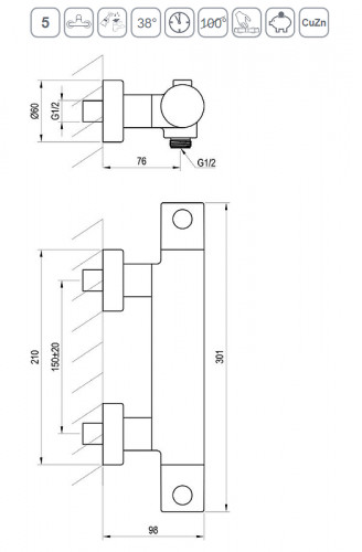 Смеситель для душа Ravak Puri PU 033.20/150 X070188 с термостатом Черный матовый латунь на стену