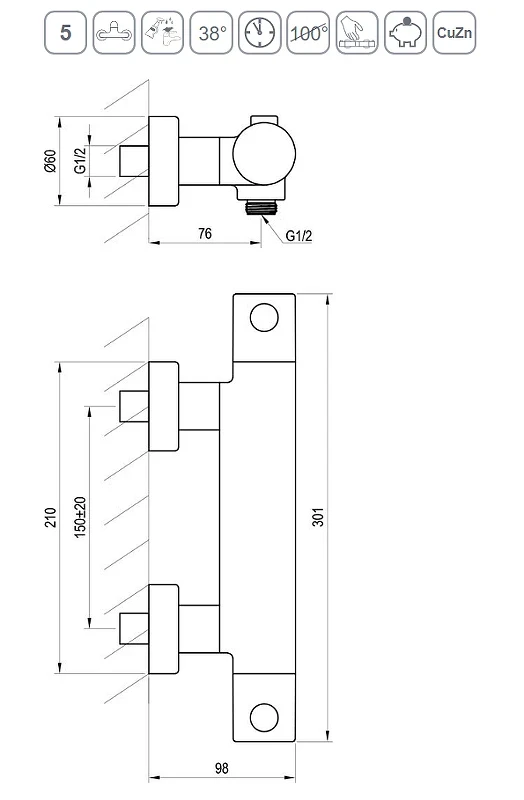 Смеситель для душа Ravak Puri PU 033.20/150 X070188 с термостатом Черный матовый латунь на стену