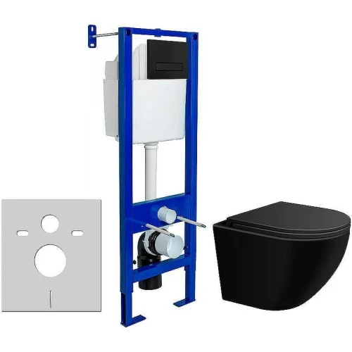 Унитаз с инсталляцией WellWant Aura WWU01122B + Berges Atom 410 040340 с сиденьем Микролифт и Черной матовой клавишей смыва