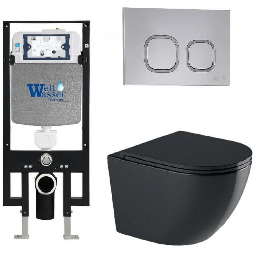 Комплект унитаза с инсталляцией WeltWasser AMBERG 497 + MERZBACH 041 XL MT-BL + AMBERG RD-CR 10000010934 цвет Черный матовый с сиденьем Микролифт и клавишей смыва цвет Хром