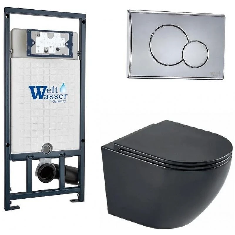 Комплект унитаза с инсталляцией WeltWasser MARBERG 507 + MERZBACH 043 MT-BL + MAR 507 RD-CR 10000011357 цвет Черный матовый с сиденьем Микролифт и клавишей смыва цвет Хром